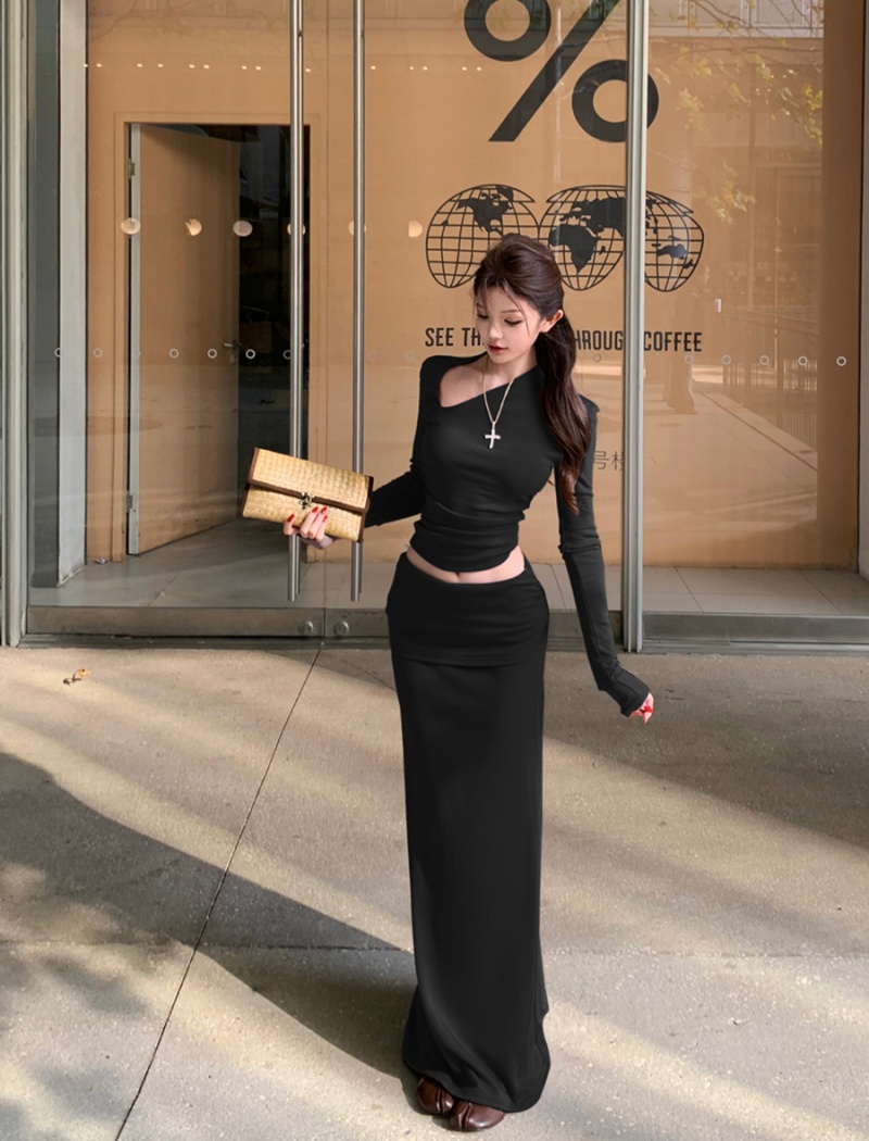Sloping shoulder skirt asymmetry T-shirt 2pcs set