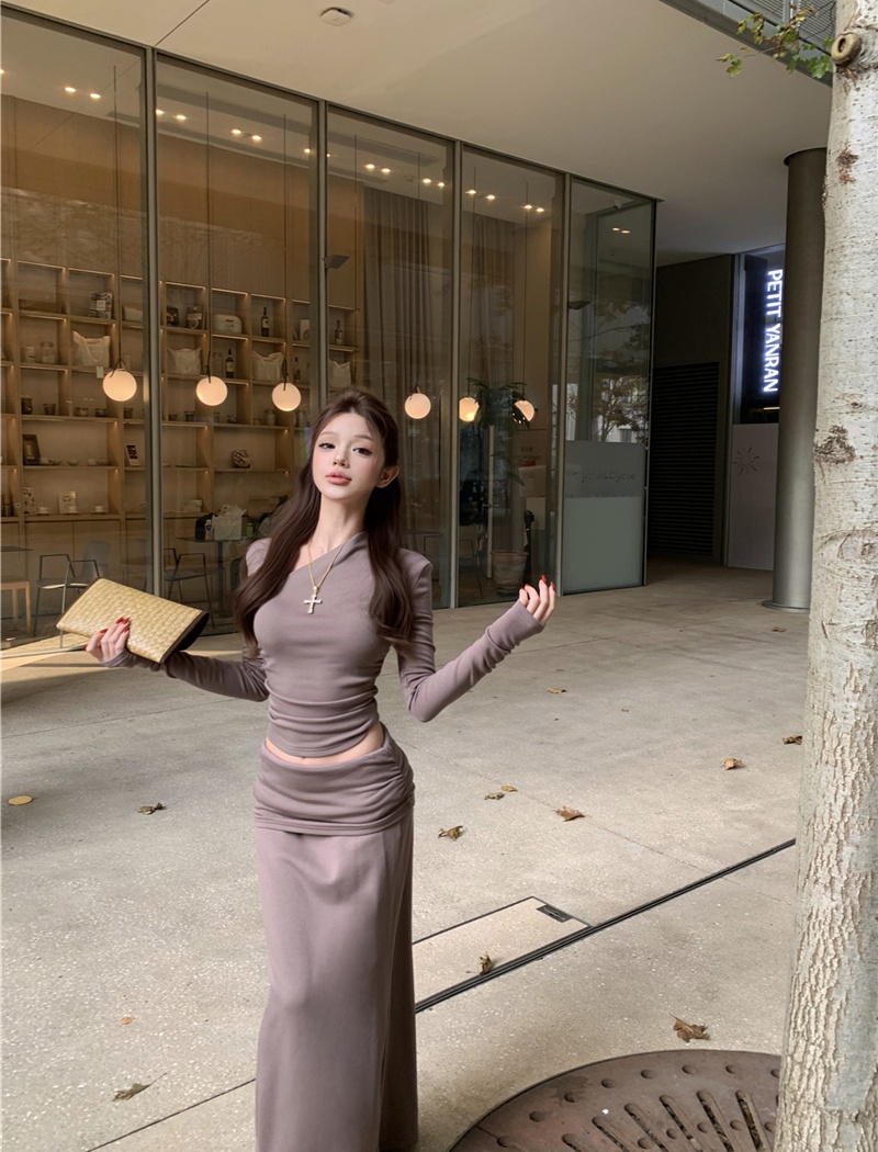 Sloping shoulder skirt asymmetry T-shirt 2pcs set