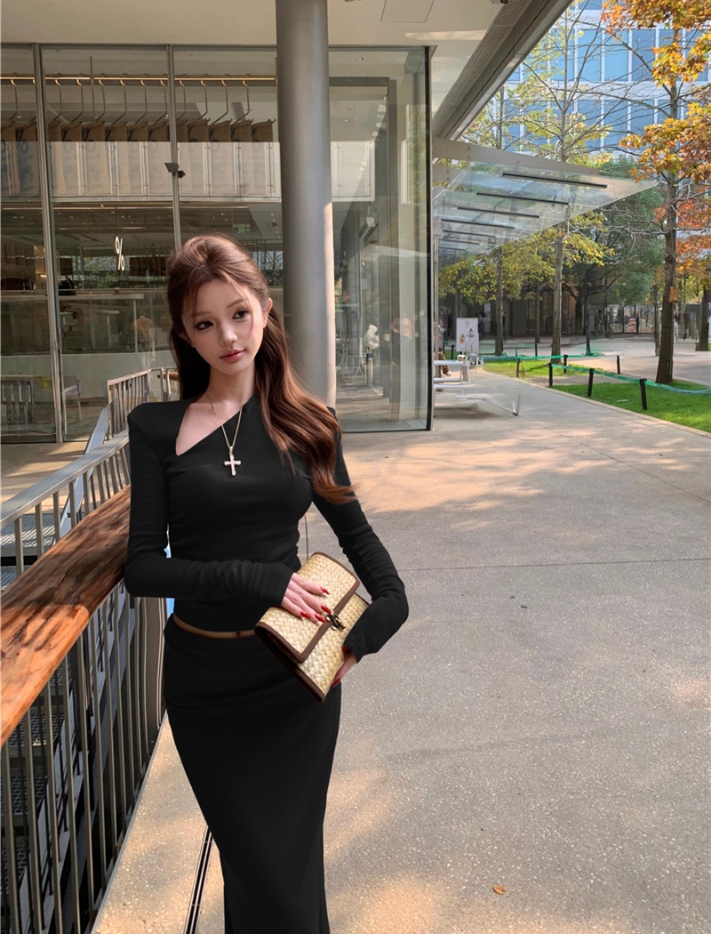 Sloping shoulder skirt asymmetry T-shirt 2pcs set