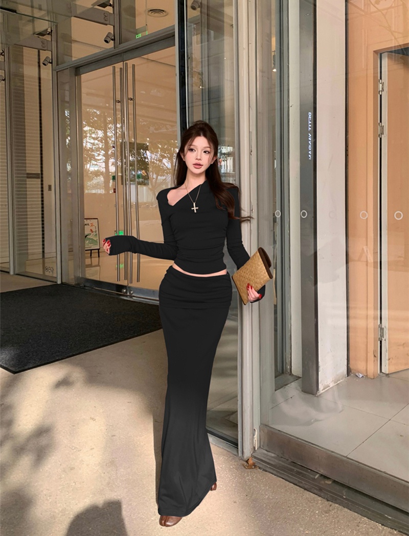 Sloping shoulder skirt asymmetry T-shirt 2pcs set