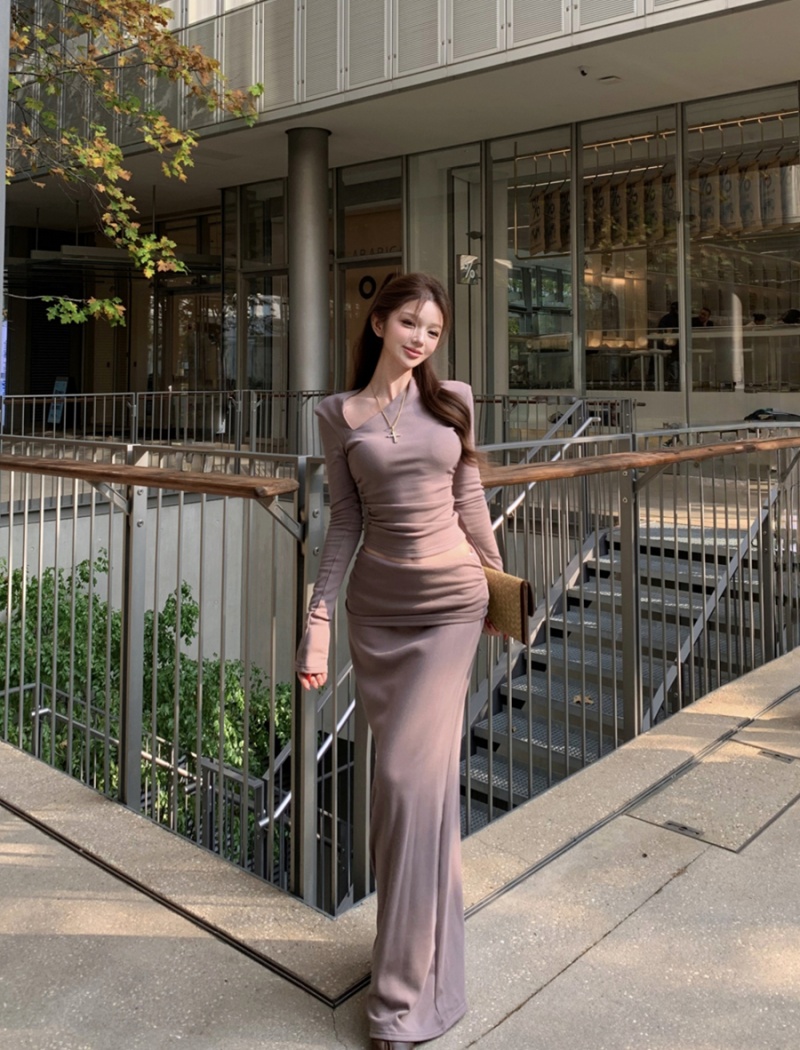 Sloping shoulder skirt asymmetry T-shirt 2pcs set