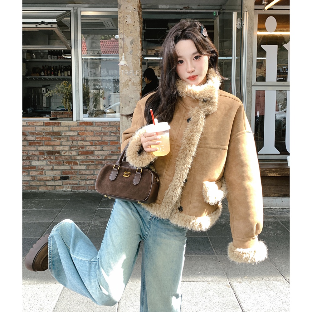 Plus velvet coat khaki cotton coat for women