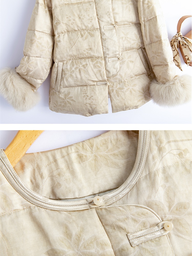 Fox fur Chinese style jacquard round neck elegant down coat