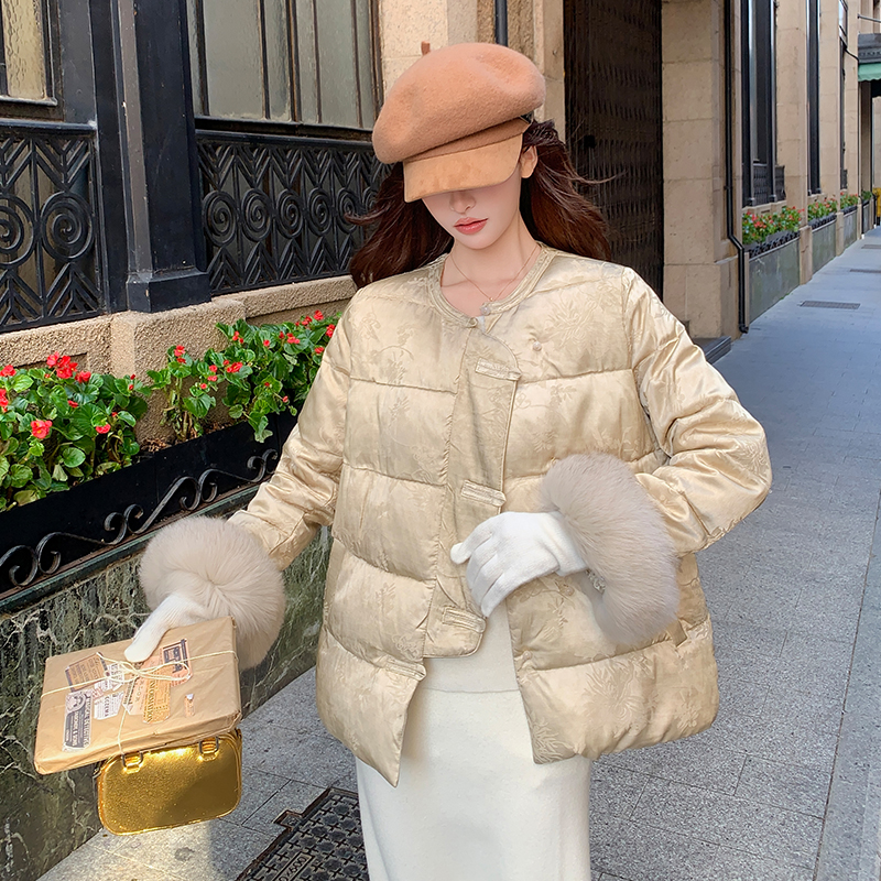 Fox fur Chinese style jacquard round neck elegant down coat