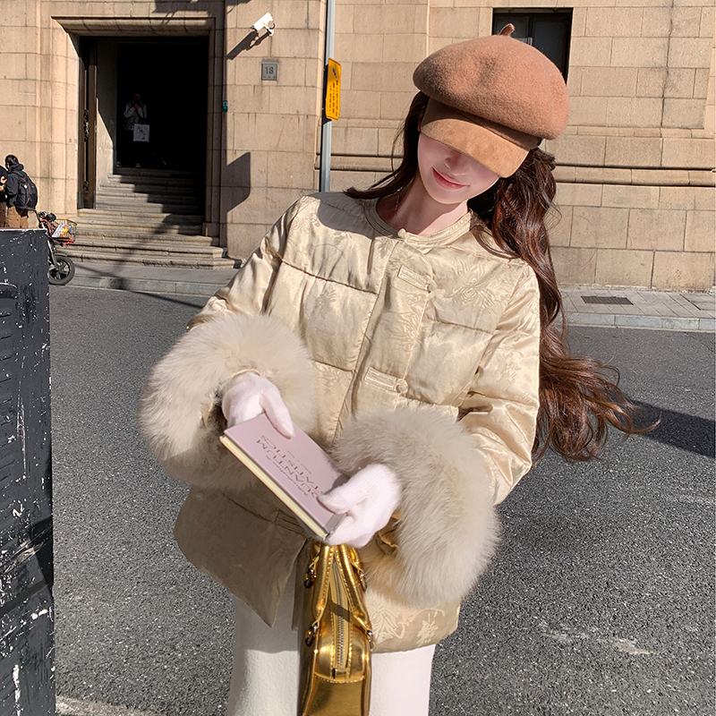 Fox fur Chinese style jacquard round neck elegant down coat