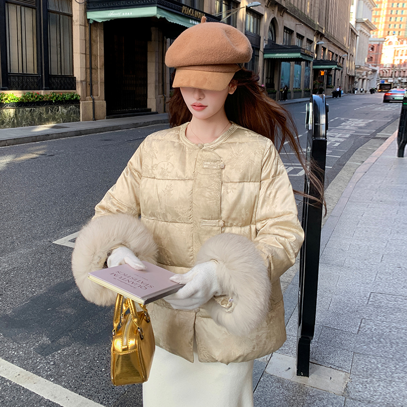 Fox fur Chinese style jacquard round neck elegant down coat