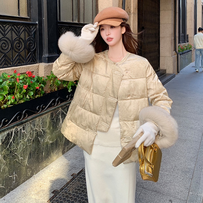 Fox fur Chinese style jacquard round neck elegant down coat