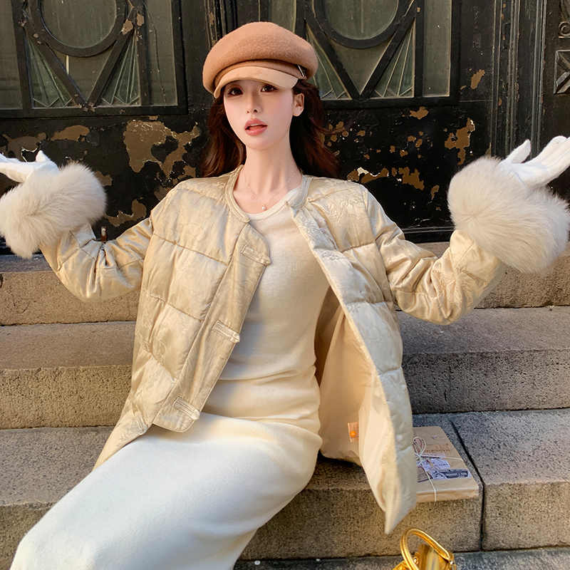 Fox fur Chinese style jacquard round neck elegant down coat