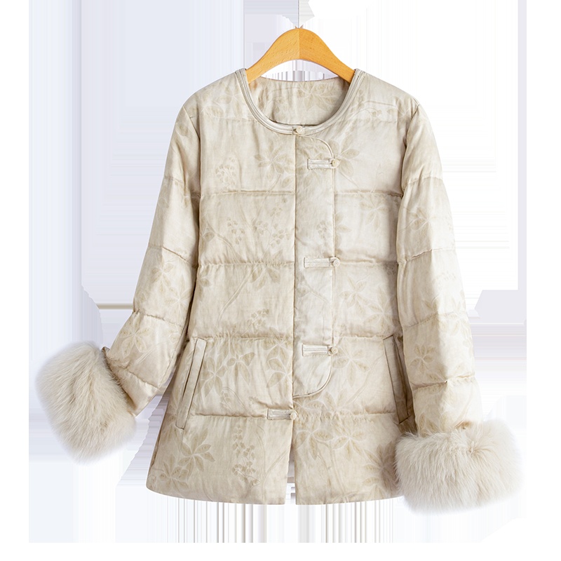 Fox fur Chinese style jacquard round neck elegant down coat