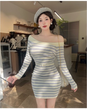 Winter knitted flat shoulder ladies dress for women