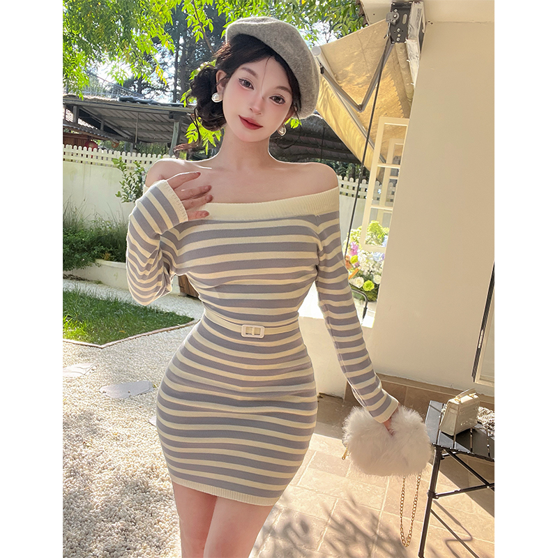 Winter knitted flat shoulder ladies dress for women