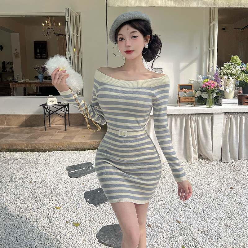 Winter knitted flat shoulder ladies dress for women