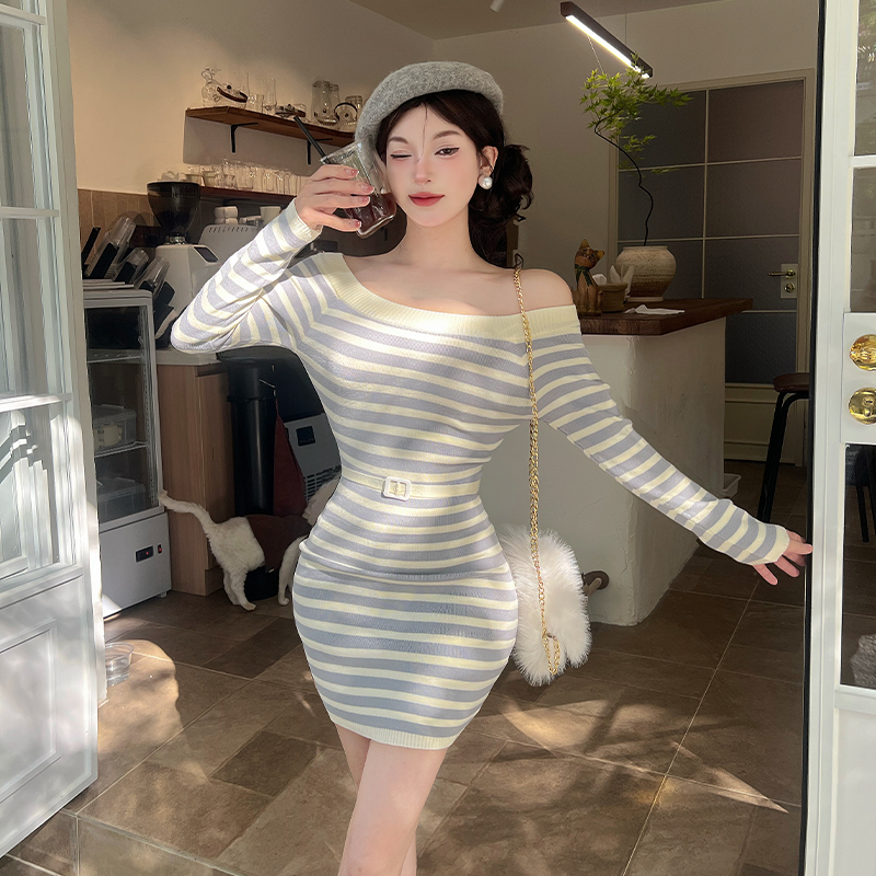 Winter knitted flat shoulder ladies dress for women