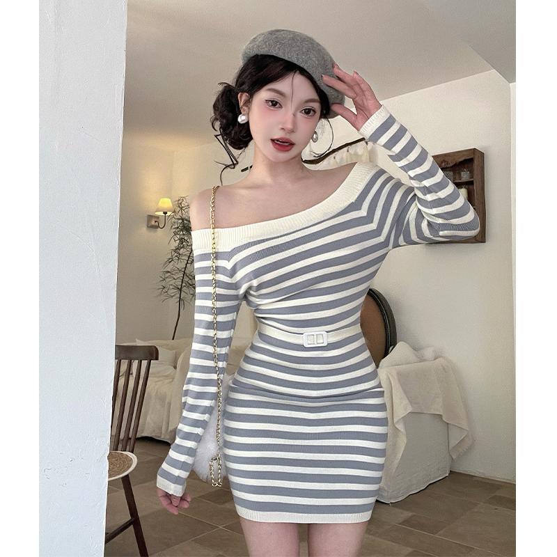Winter knitted flat shoulder ladies dress for women