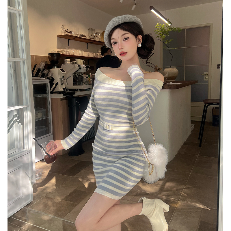 Winter knitted flat shoulder ladies dress for women