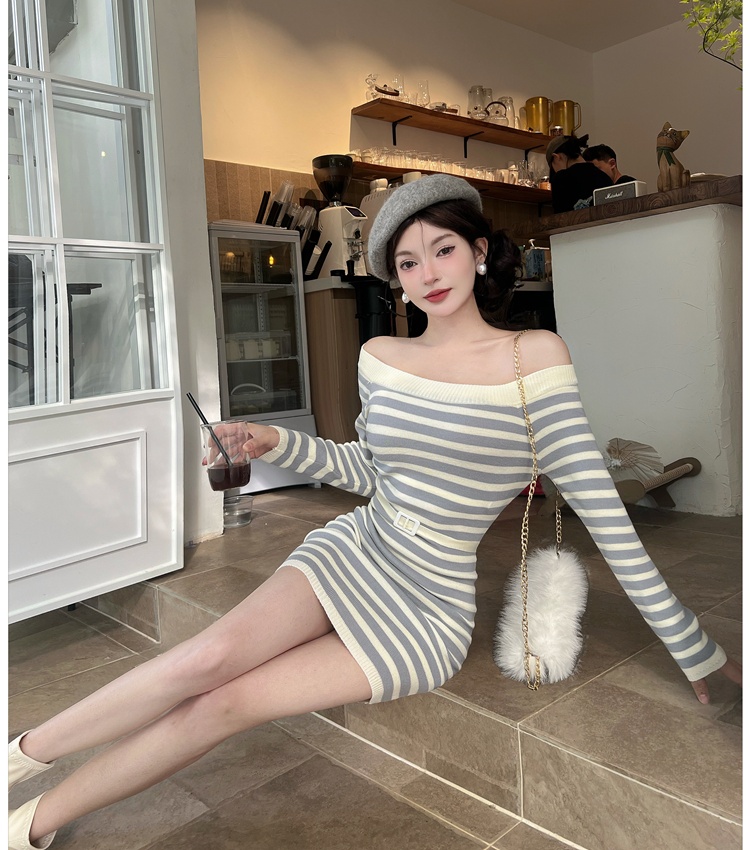 Winter knitted flat shoulder ladies dress for women