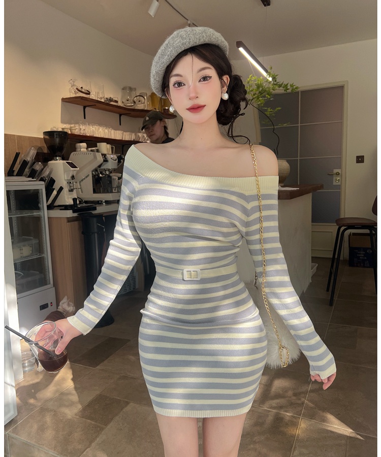 Winter knitted flat shoulder ladies dress for women