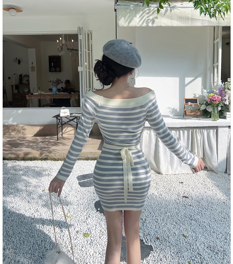 Winter knitted flat shoulder ladies dress for women