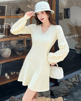 V-neck slim elegant lantern sleeve dress for women