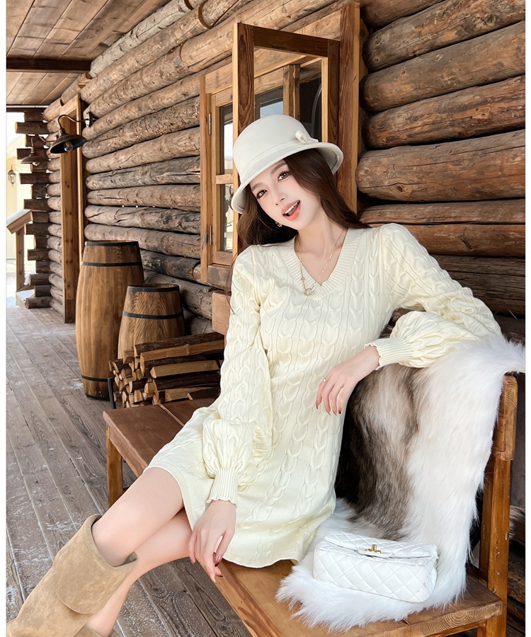 V-neck slim elegant lantern sleeve dress for women
