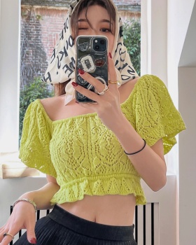 Stripe knitted short short sleeve slim tops for women