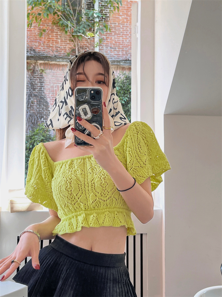 Stripe knitted short short sleeve slim tops for women