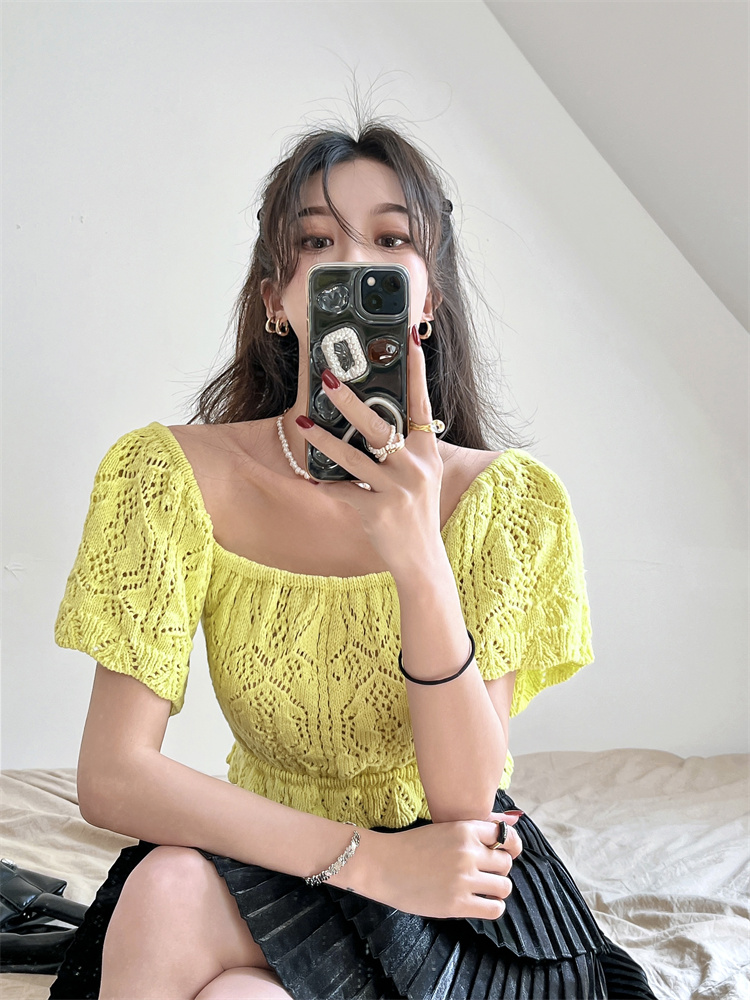 Stripe knitted short short sleeve slim tops for women