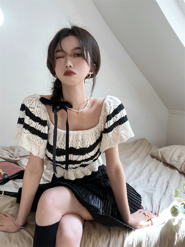 Stripe knitted short short sleeve slim tops for women