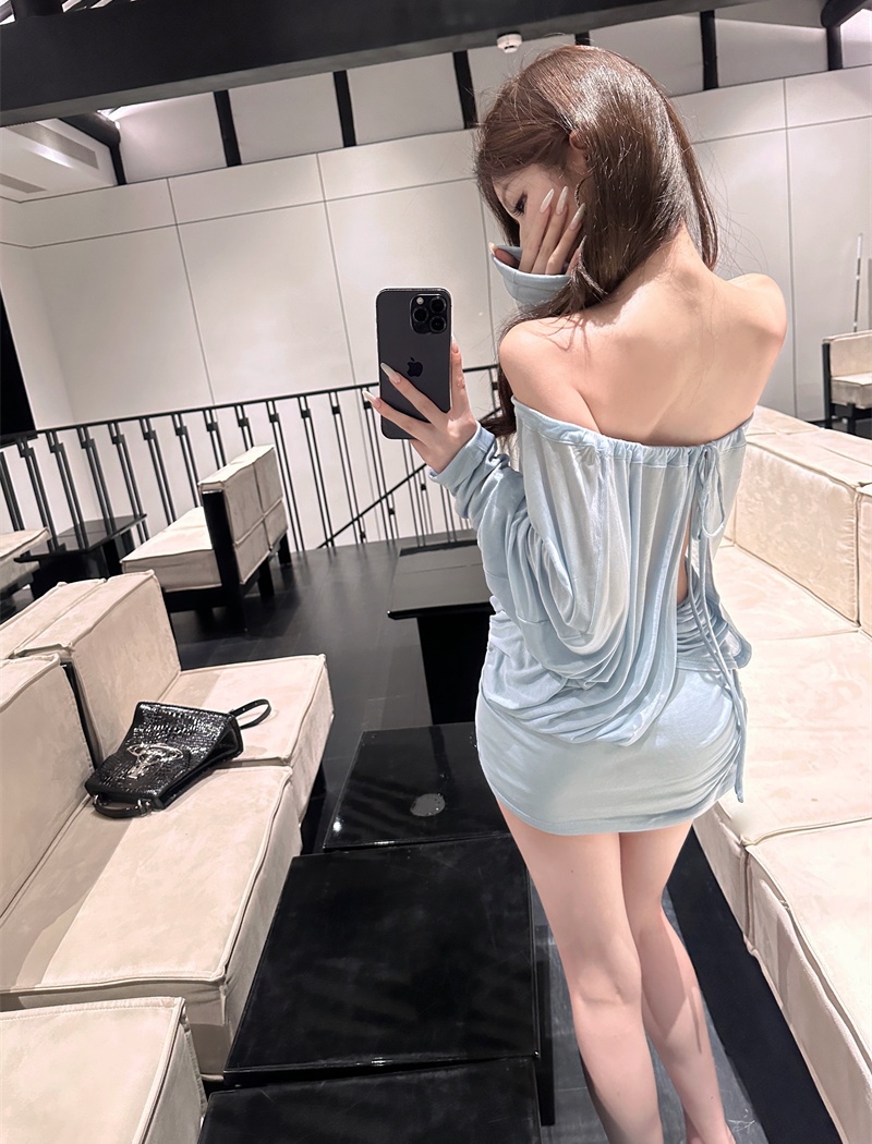 Blue flat shoulder T-back long sleeve slim dress for women