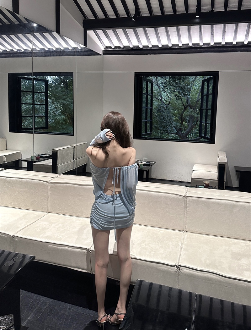 Blue flat shoulder T-back long sleeve slim dress for women