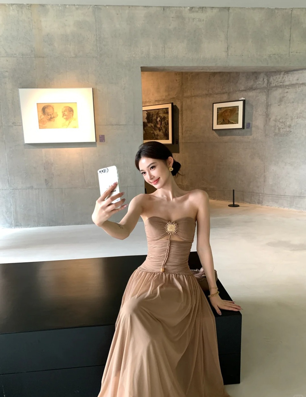 Pinched waist hollow long dress bow slim dress for women