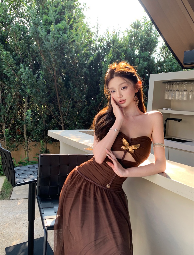 Pinched waist hollow long dress bow slim dress for women