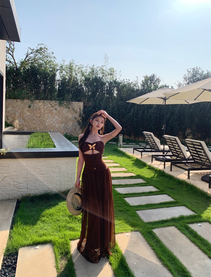 Pinched waist hollow long dress bow slim dress for women