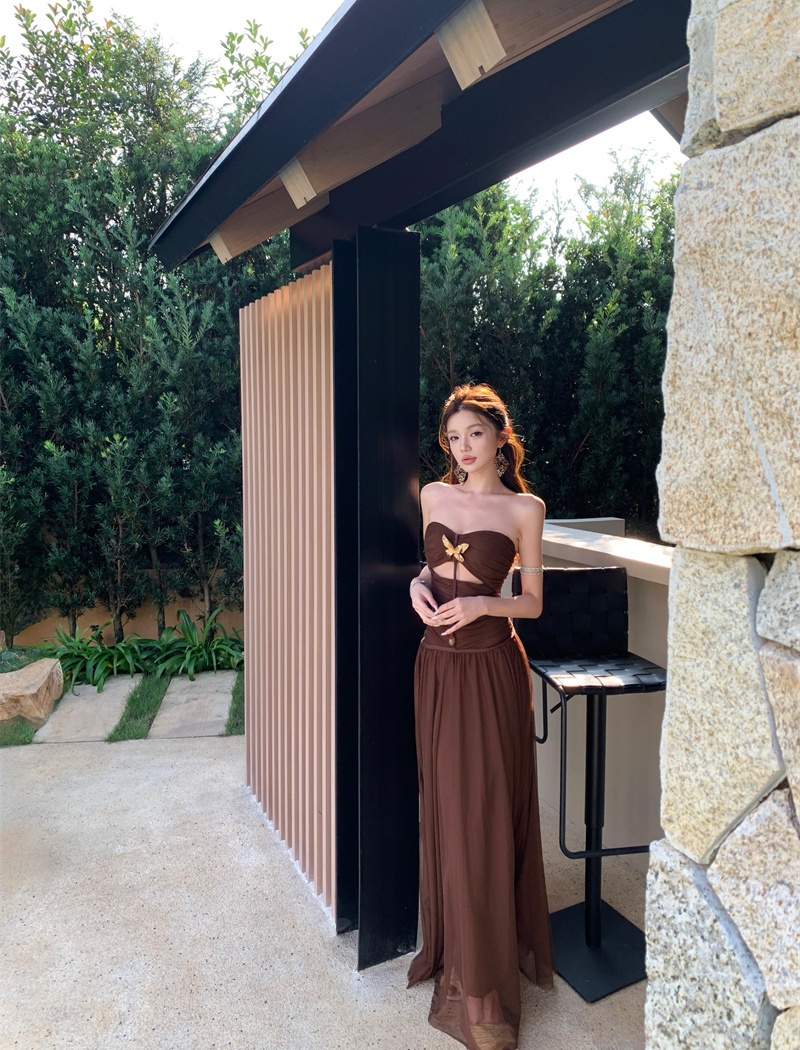 Pinched waist hollow long dress bow slim dress for women