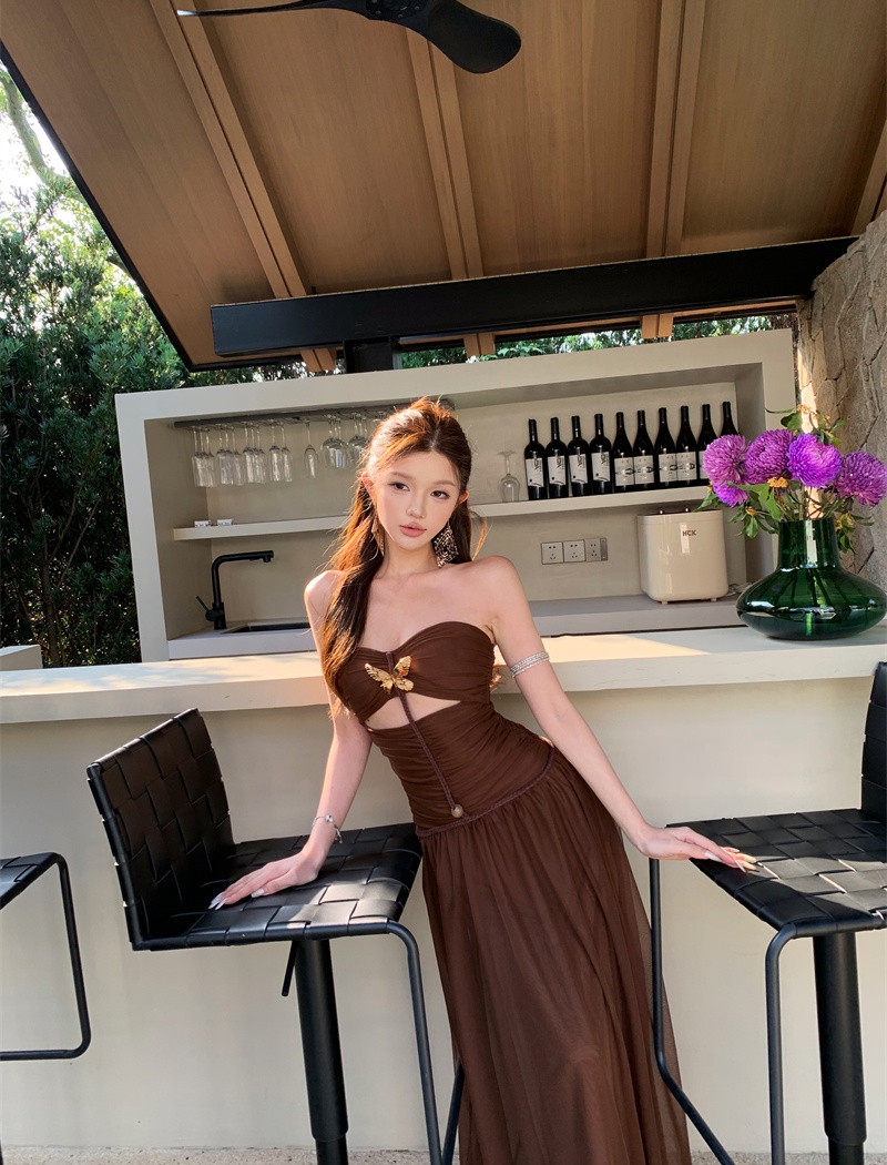 Pinched waist hollow long dress bow slim dress for women