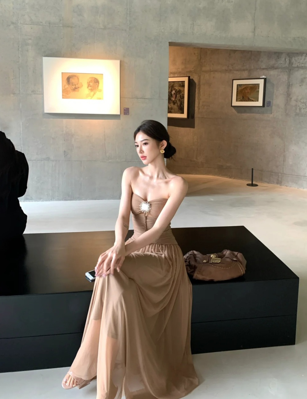 Pinched waist hollow long dress bow slim dress for women