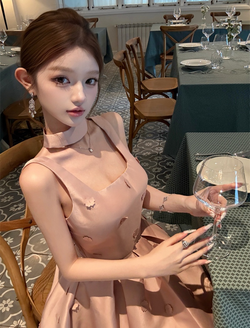 Halter sling slim dress embroidery A-line formal dress