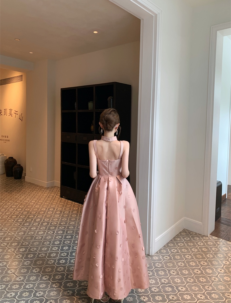 Halter sling slim dress embroidery A-line formal dress