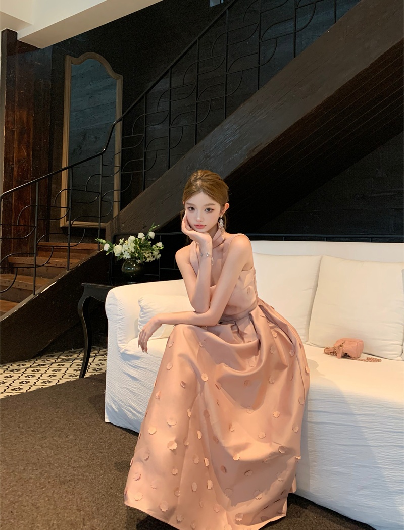 Halter sling slim dress embroidery A-line formal dress