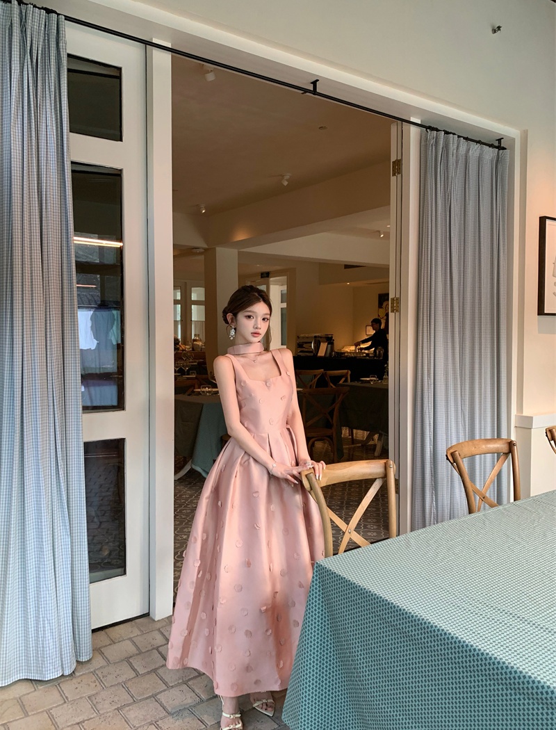 Halter sling slim dress embroidery A-line formal dress