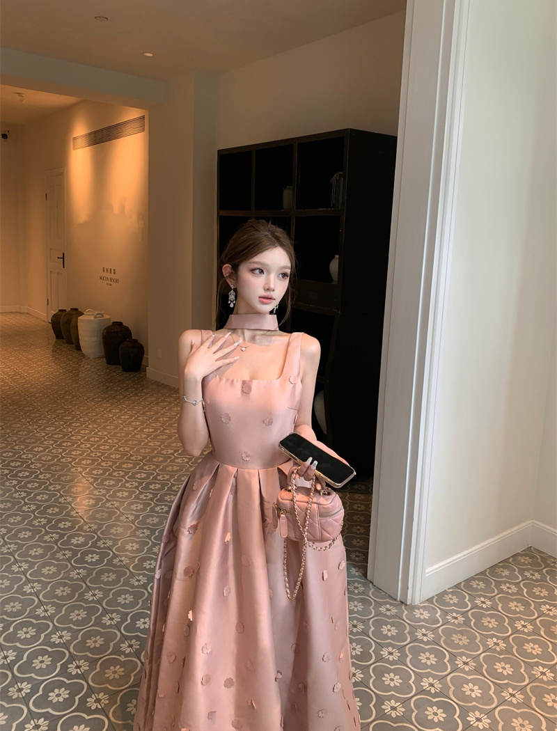 Halter sling slim dress embroidery A-line formal dress