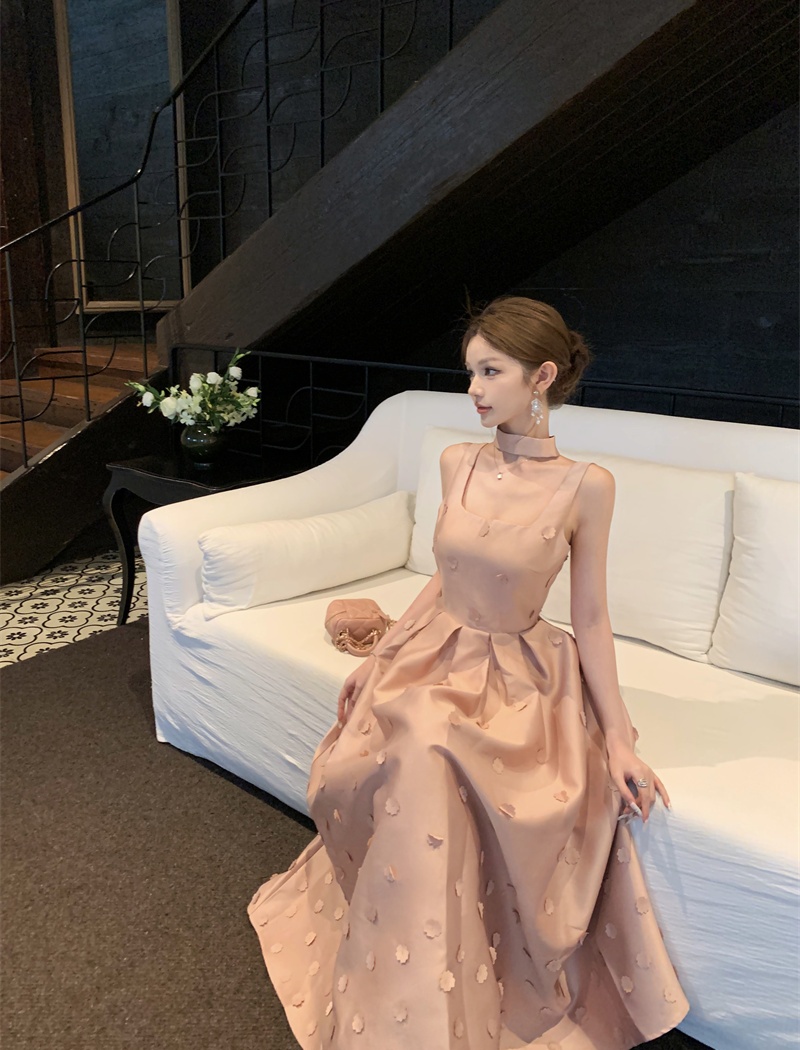 Halter sling slim dress embroidery A-line formal dress