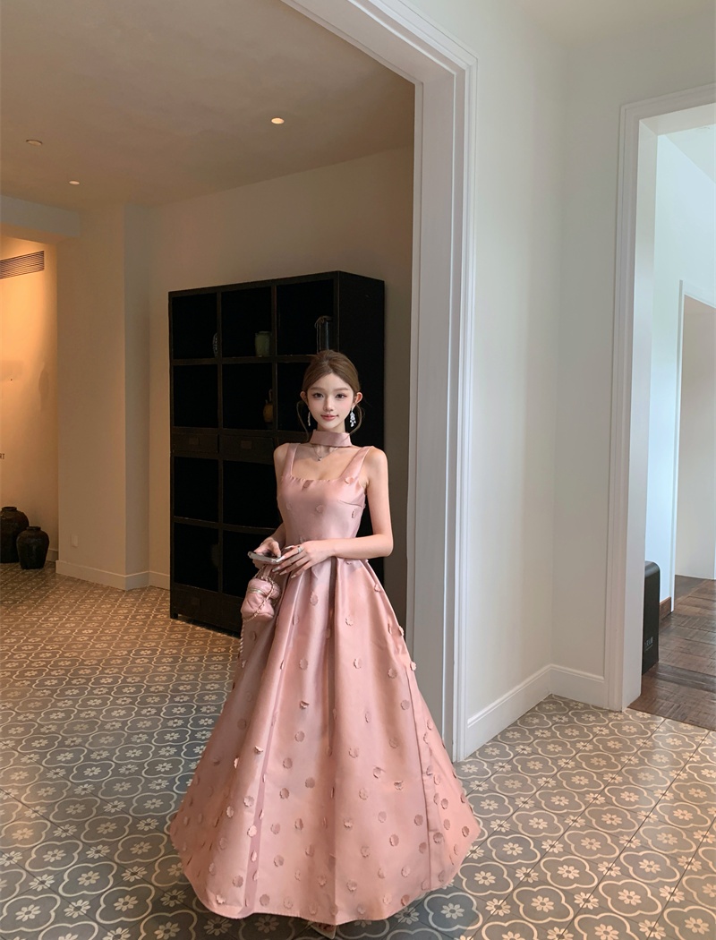 Halter sling slim dress embroidery A-line formal dress