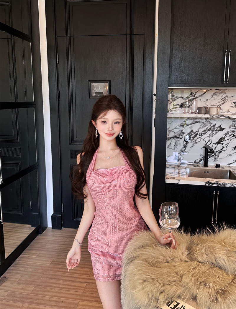 Tight all-match package hip T-back halter sequins dress