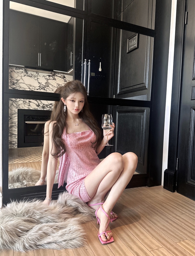 Tight all-match package hip T-back halter sequins dress