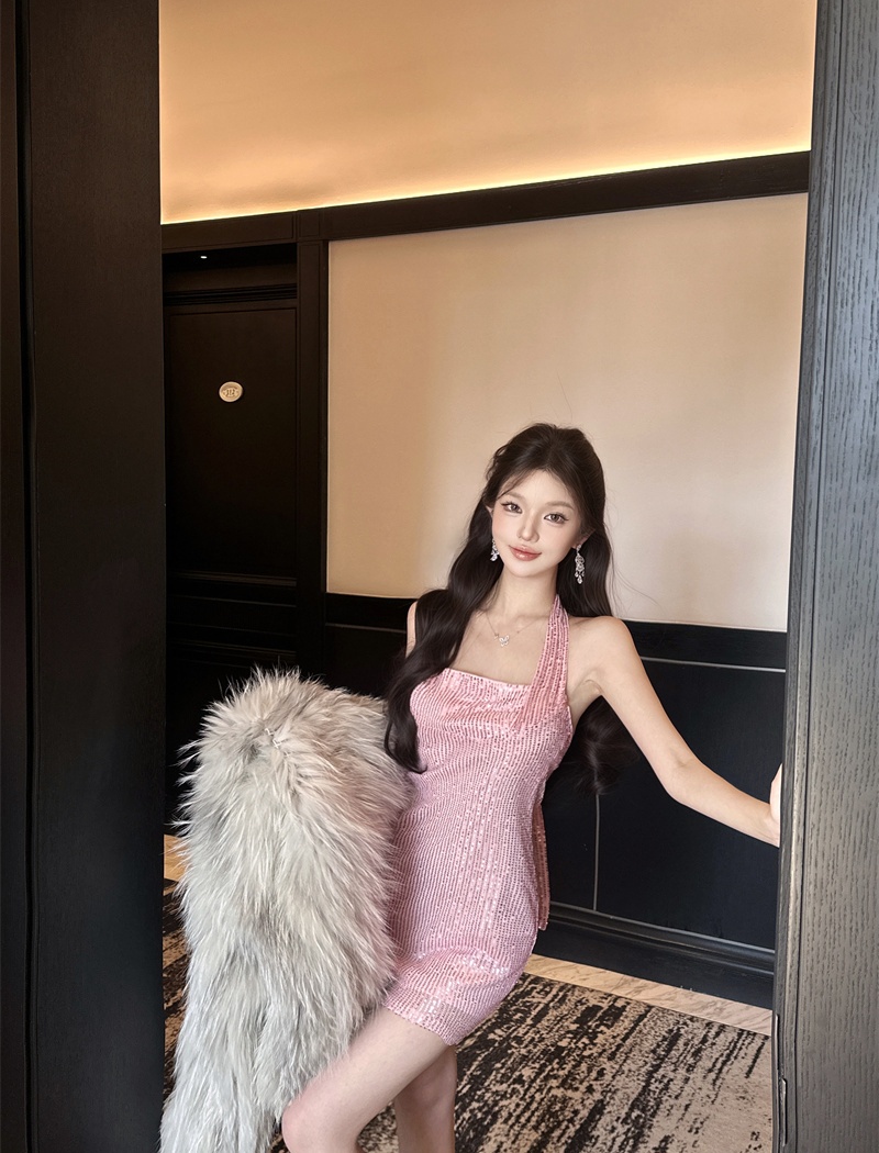 Tight all-match package hip T-back halter sequins dress
