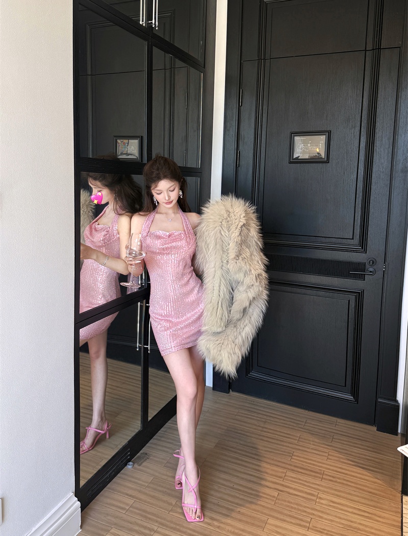 Tight all-match package hip T-back halter sequins dress