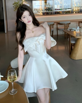 Bow temperament flat shoulder France style sling dress