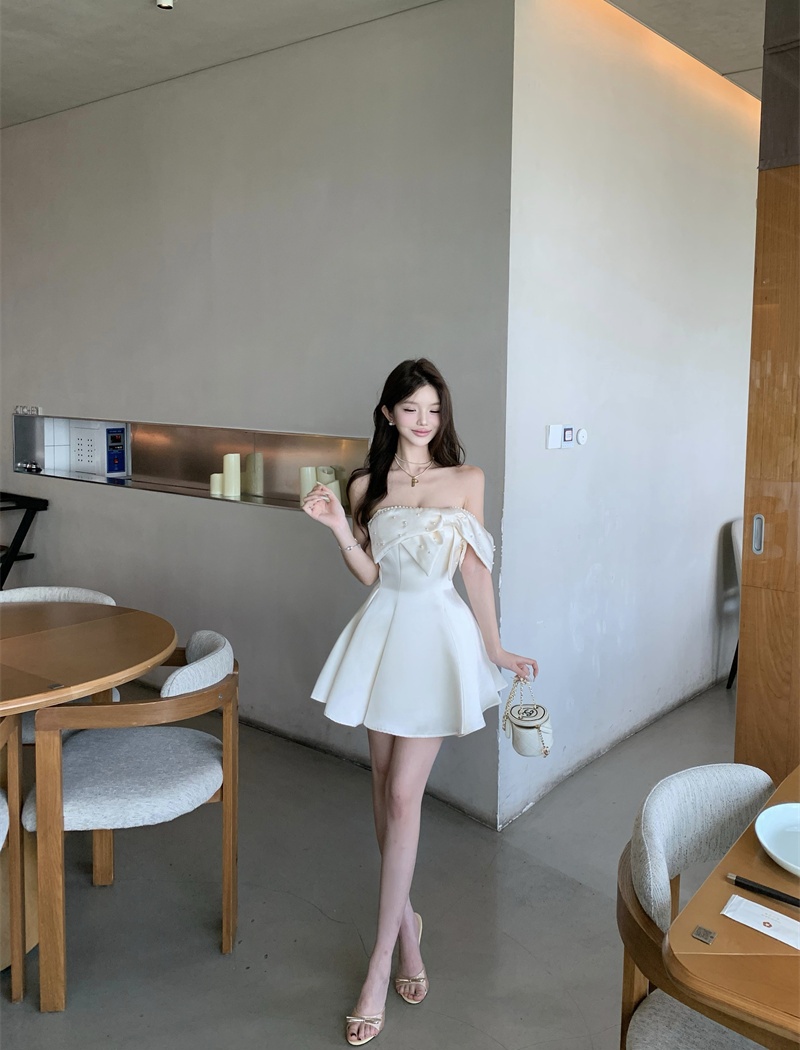 Bow temperament flat shoulder France style sling dress