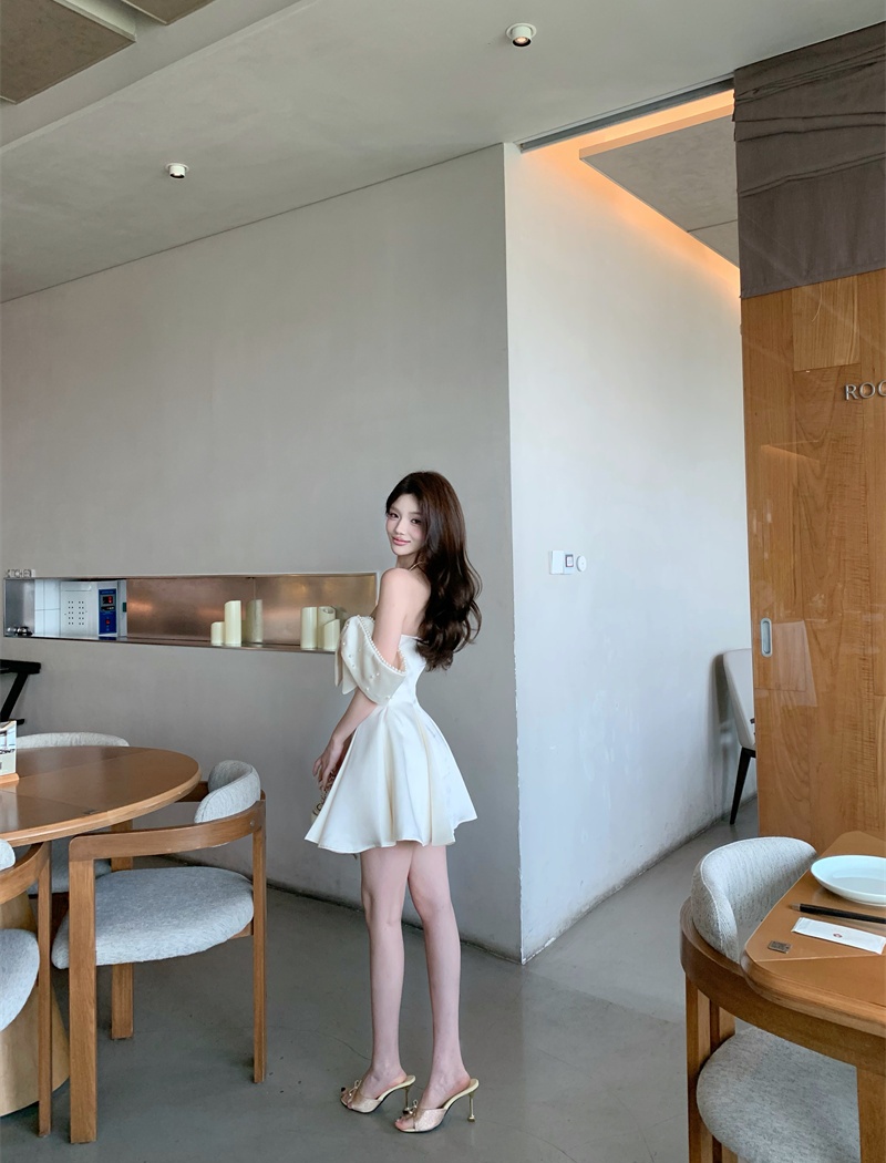 Bow temperament flat shoulder France style sling dress